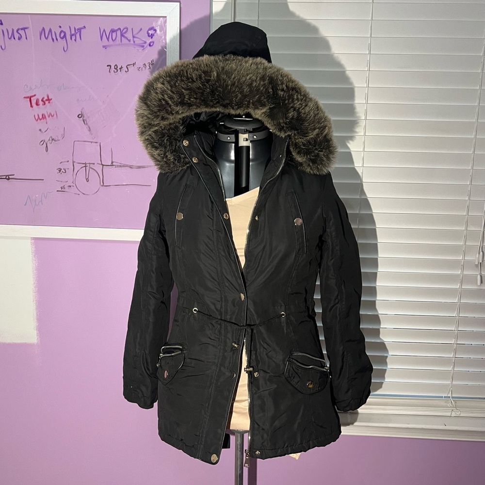 Snobbish Black Smooth Front Fur Trim Parka Winter Coat